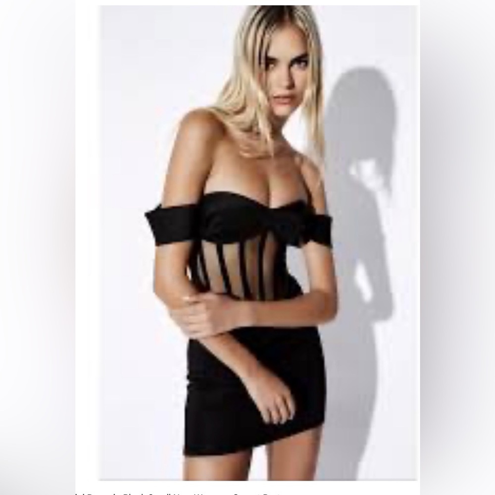 RTA black, off shoulder, corset style, mini dress.  Size S